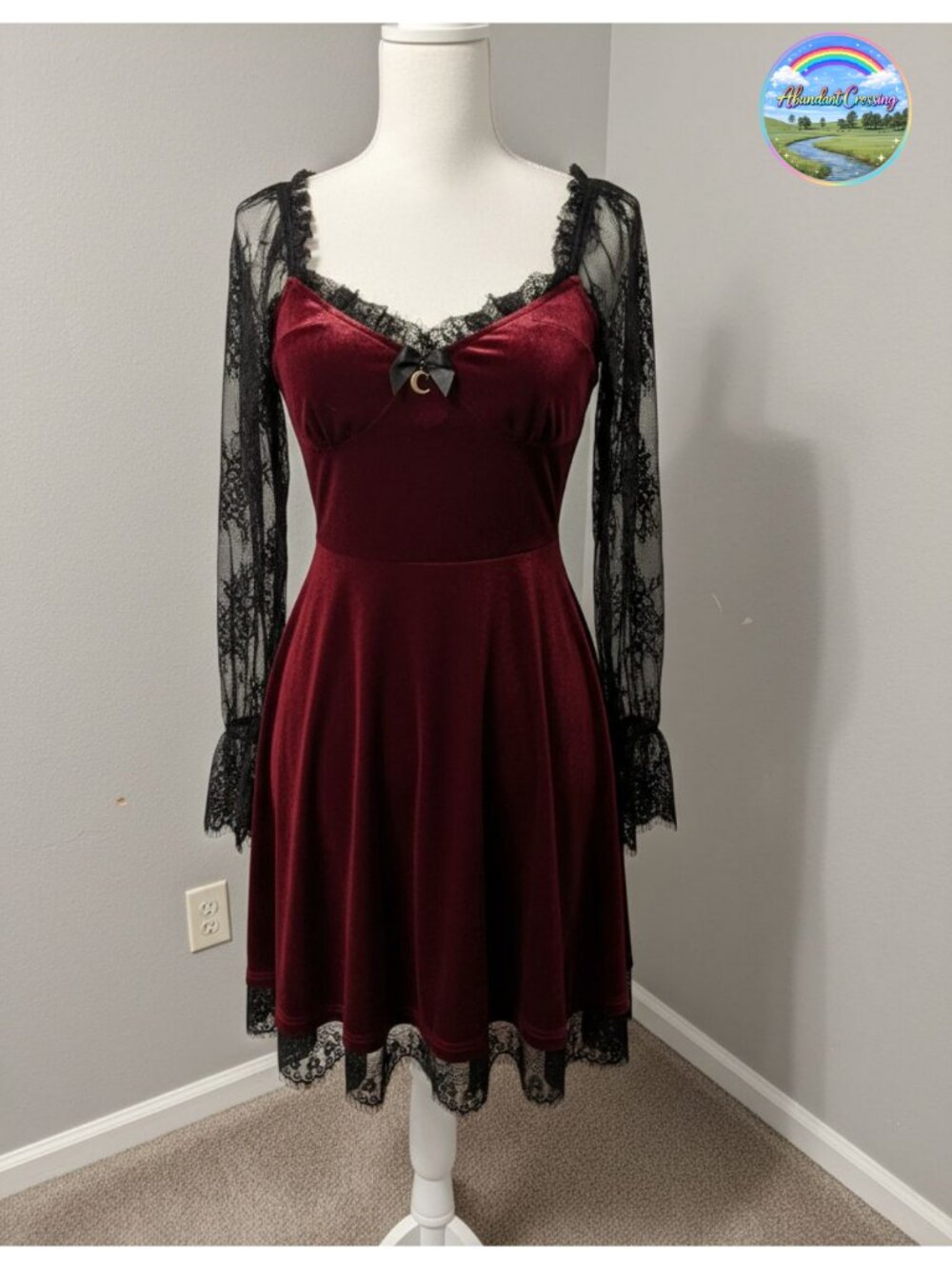 Women's Gothic Velvet Lace Long Sleeve Midi Dress Lolita A-Line Pull On